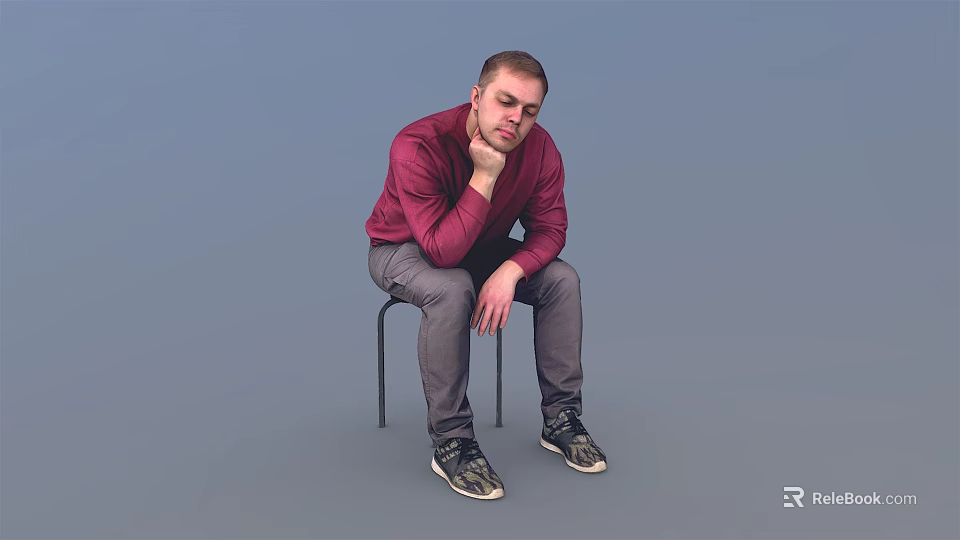Casual Men's Outfit With Red Long Sleeve Top Gray Pants And Sneakers 3d model 