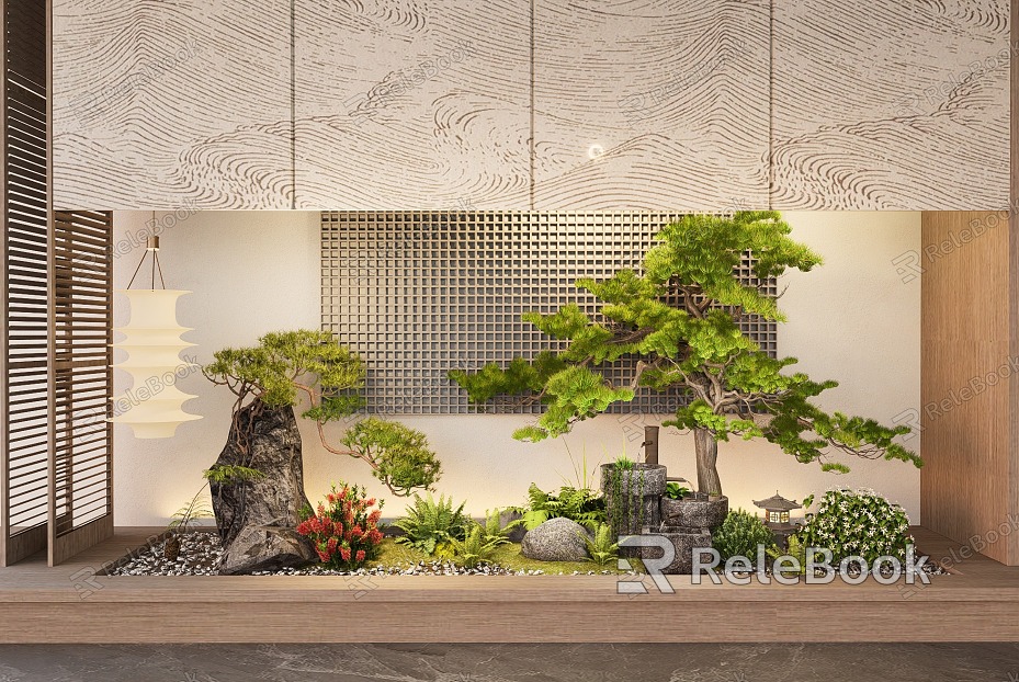 Japanese style courtyard sketch interior landscape landscape fern plant stone modeling tree stone mill running water porch landscape model