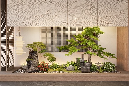 Japanese style courtyard sketch interior landscape fern plant stone modeling tree stone mill running water porch landscape 3d model