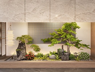 Japanese style courtyard sketch interior landscape fern plant stone modeling tree stone mill running water porch landscape 3d model