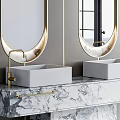 Luxury Bathroom Vanity With Double Oval Gold Frame Mirrors And Marble Countertop White Sinks