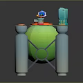Game Character Standing On Circular Platform With Green Sphere Base White Pillars And Blue Device