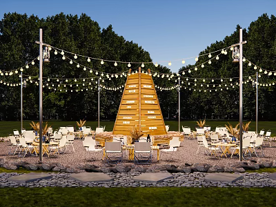 Scenic Campsite With Pyramid Shaped Wooden Structure White Chairs Tables And String Lights 3d model