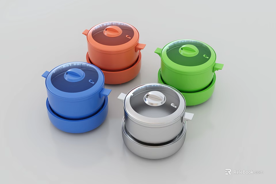 Colorful Kitchen Food Containers with Lids in Blue Orange Green Silver 3d model 