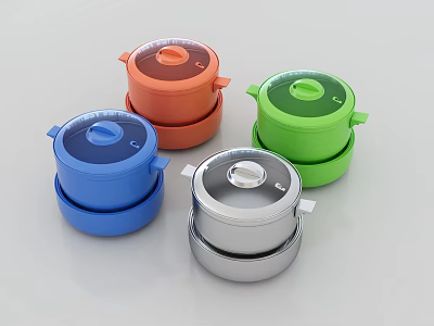 Colorful Kitchen Food Containers with Lids in Blue Orange Green Silver 3d model