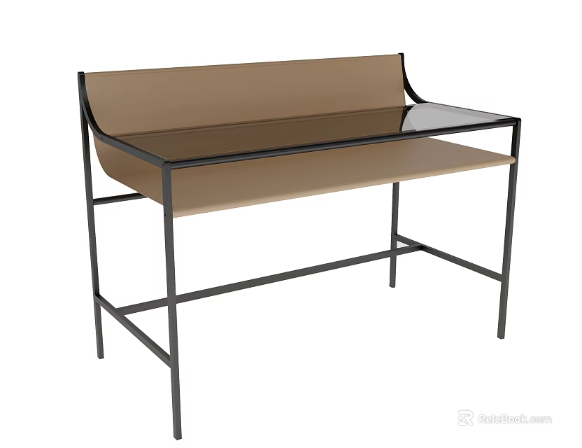Modern Dressing Table with Black Metal Frame Glass Top and Brown Backboard 3d model