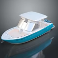 Blue And White Leisure Boat With White Canopy And Smooth Hull Design