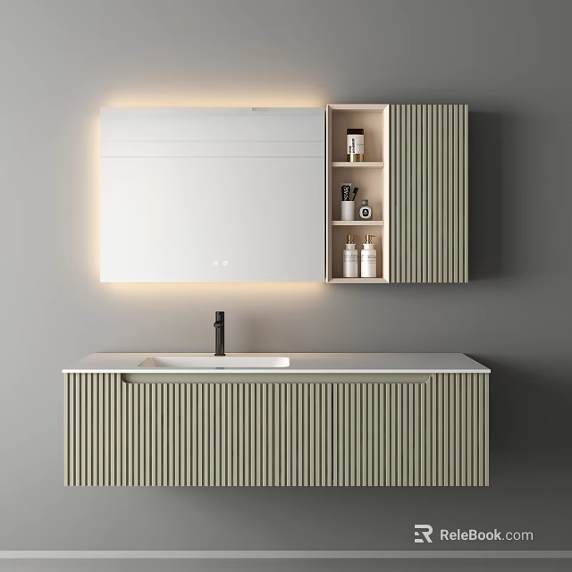 Modern Bathroom Vanity With Lighted Mirror White Countertop Storage Shelves And Striped Cabinetry 3d model 