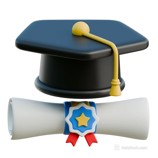 Black Graduation Cap With Yellow Tassel Diploma Scroll And Star Badge 3d model 