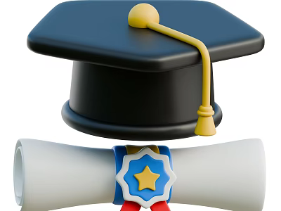 Black Graduation Cap With Yellow Tassel Diploma Scroll And Star Badge 3d model