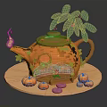 Cartoon Scene Featuring Orange Teapot Shaped House with Green Leaves Smoky Chimney Pumpkins and Stones