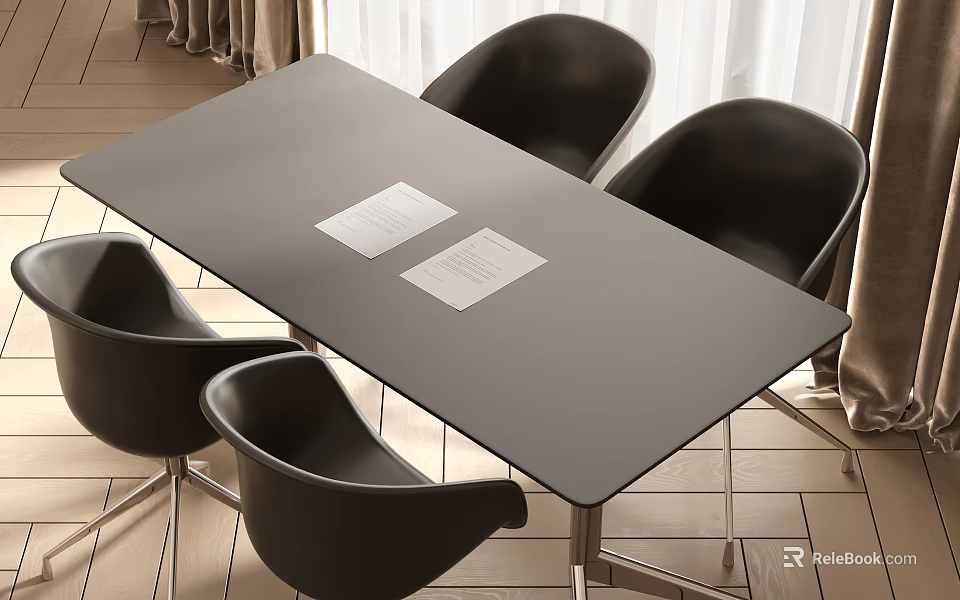 Black Conference Table with Black Chairs and Two White Papers on Top 3d model 