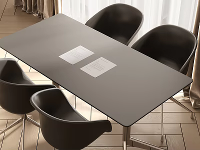 Black Conference Table with Black Chairs and Two White Papers on Top 3d model