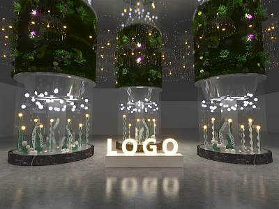 Logo Display Setup With Green Plant Walls And Lighting Decorations On Transparent Bases 3d model