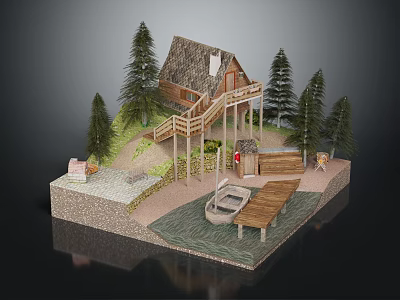 Wooden Cabin Surrounded by Pine Trees with Wooden Deck and Dock Near Boat 3d model