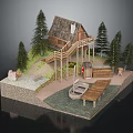 Wooden Cabin Surrounded by Pine Trees with Wooden Deck and Dock Near Boat