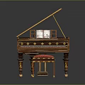 Ornately Decorated Grand Piano With Golden Patterns And Red Cushion Stool