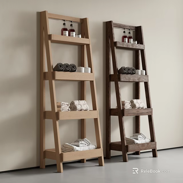 Bathroom Accessories Organized On Wooden Ladder Shelves With Towels And Toiletries 3d model 