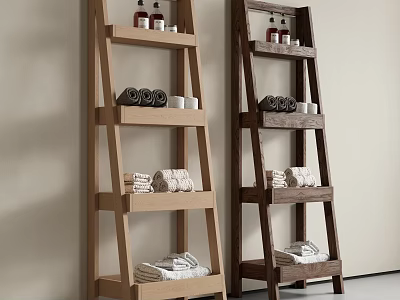 Bathroom Accessories Organized On Wooden Ladder Shelves With Towels And Toiletries 3d model