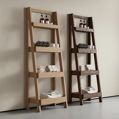 Bathroom Accessories Organized On Wooden Ladder Shelves With Towels And Toiletries 3d model