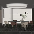 Modern Restaurant Interior With Round Dining Table Leather Chairs Round Ceiling Light And Decorative Shelves
