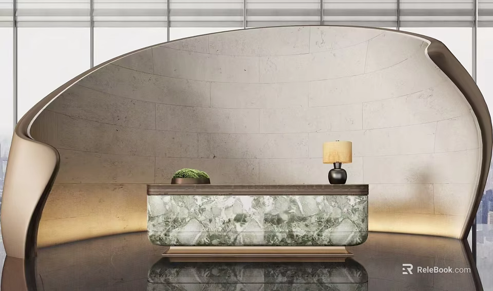 Elegant Modern Hotel Reception Counter With Marble Surface And Table Lamp Decoration 3d model 