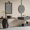 Natural Stone Washbasin Design Featuring Striped Mirrors Plant And Rustic Elements 3d model