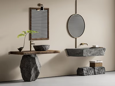 Natural Stone Washbasin Design Featuring Striped Mirrors Plant And Rustic Elements 3d model