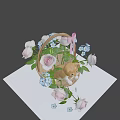 Cute Kitten Sitting In Wicker Basket With Roses Blue Flowers And Pink Bow On Table