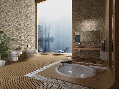 Hotel Bathroom Featuring Stone Walls Large Window Lake View Bathtub Wooden Flooring And Pebble Decor 3d model