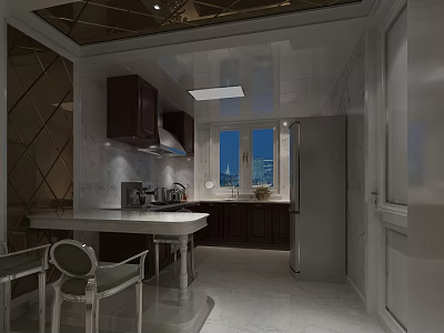 Modern Restaurant Kitchen Interior With Marble Countertops Dark Cabinets Dining Table And Windows 3d model