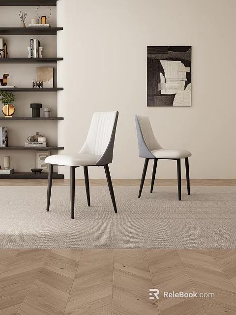 Modern White And Gray Dining Chairs With Striped Backrest And Black Metal Legs 3d model 