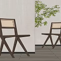 Stylish Wooden Frame Leisure Chair With Woven Backrest Indoor Light Wall Wooden Floor Green Plant