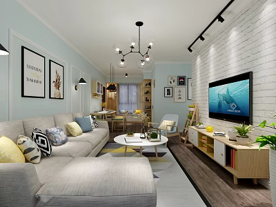 Modern Living Room Interior Featuring Light Blue Walls White Brick Wall Gray Sofa Coffee Table TV 3d model