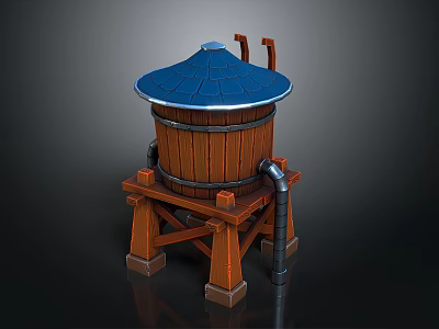Rural Landscape Featuring Wooden Well With Blue Roof and Metal Pipe on Wooden Stand 3d model