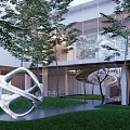Modern Sales Office Building With High Rise Buildings Background Courtyard Trees And Seating Areas