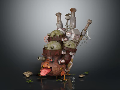 Unique Stacked Building with Green Domes Chimneys Small Houses Pipe Structures and Claw like Supports 3d model