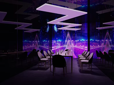 Modern Script Kill Room With Purple Lighting Tables Chairs And Immersive Ambiance 3d model