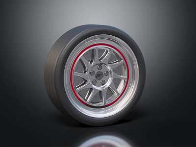 Car Alloy Wheel Rim With Silver Spokes Red Accent And Black Tire Design 3d model