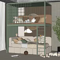 Modern Cozy Bunk Bed with Grid Guardrail Ladder Lower Bed Pillows Striped Wall and Plant