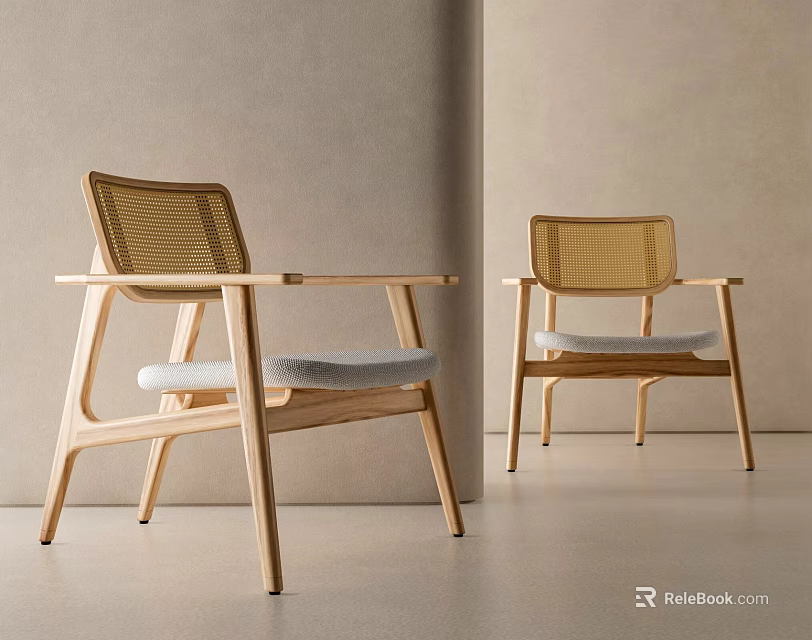 Modern Leisure Chairs With Light Wood Frame Woven Backrest Gray Cushion And Armrests Minimalist Style 3d model 