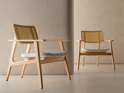 Modern Leisure Chairs With Light Wood Frame Woven Backrest Gray Cushion And Armrests Minimalist Style 3d model