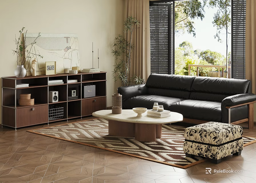 Modern Living Room With Black Leather Sofa Round Coffee Table Wooden Bookshelf And Geometric Rug 3d model 