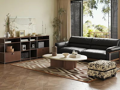 Modern Living Room With Black Leather Sofa Round Coffee Table Wooden Bookshelf And Geometric Rug 3d model