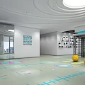 Modern Indoor Fitness Space With Colorful Floor Lines Yellow Exercise Balls And Storage Cabinets