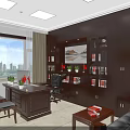 Office Interior Design With Wooden Desk Computer Monitor Black Leather Sofa And Bookshelf