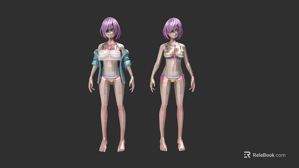 Two 3D Figures Of Woman With Purple Hair In Bikini And Transparent Coat 3d model 