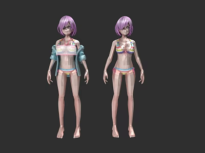 Two 3D Figures Of Woman With Purple Hair In Bikini And Transparent Coat 3d model