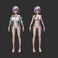 Two 3D Figures Of Woman With Purple Hair In Bikini And Transparent Coat