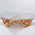 Modern Artistic Coffee Table Featuring Transparent Glass Top And Wavy Wooden Base